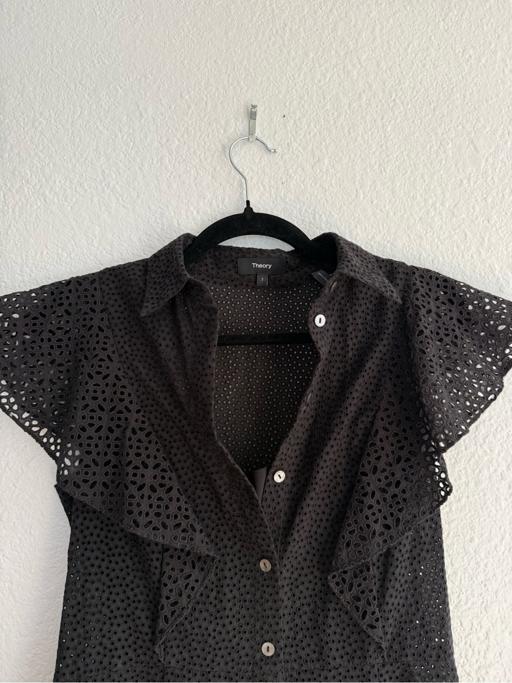 NWOT THEORY Nova Eyelet Ruffle Sleeve Lace Eyelet Casual Mini Shirt Dress - Picture 4 of 6